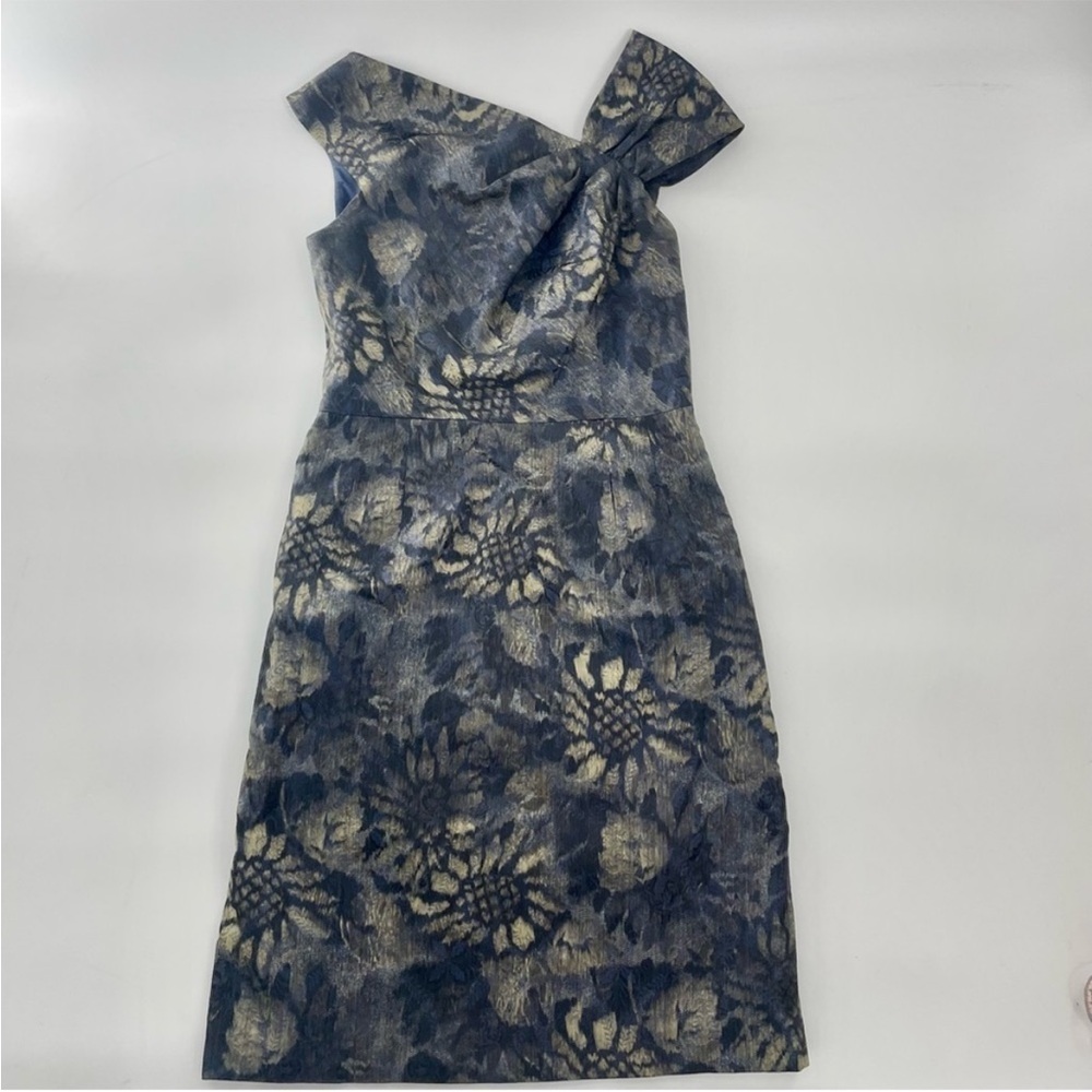 Teri Jon by Rickie Freeman Metallic Navy Blue and Gold Floral Sleeveless Dress 4 - Picture 2 of 7